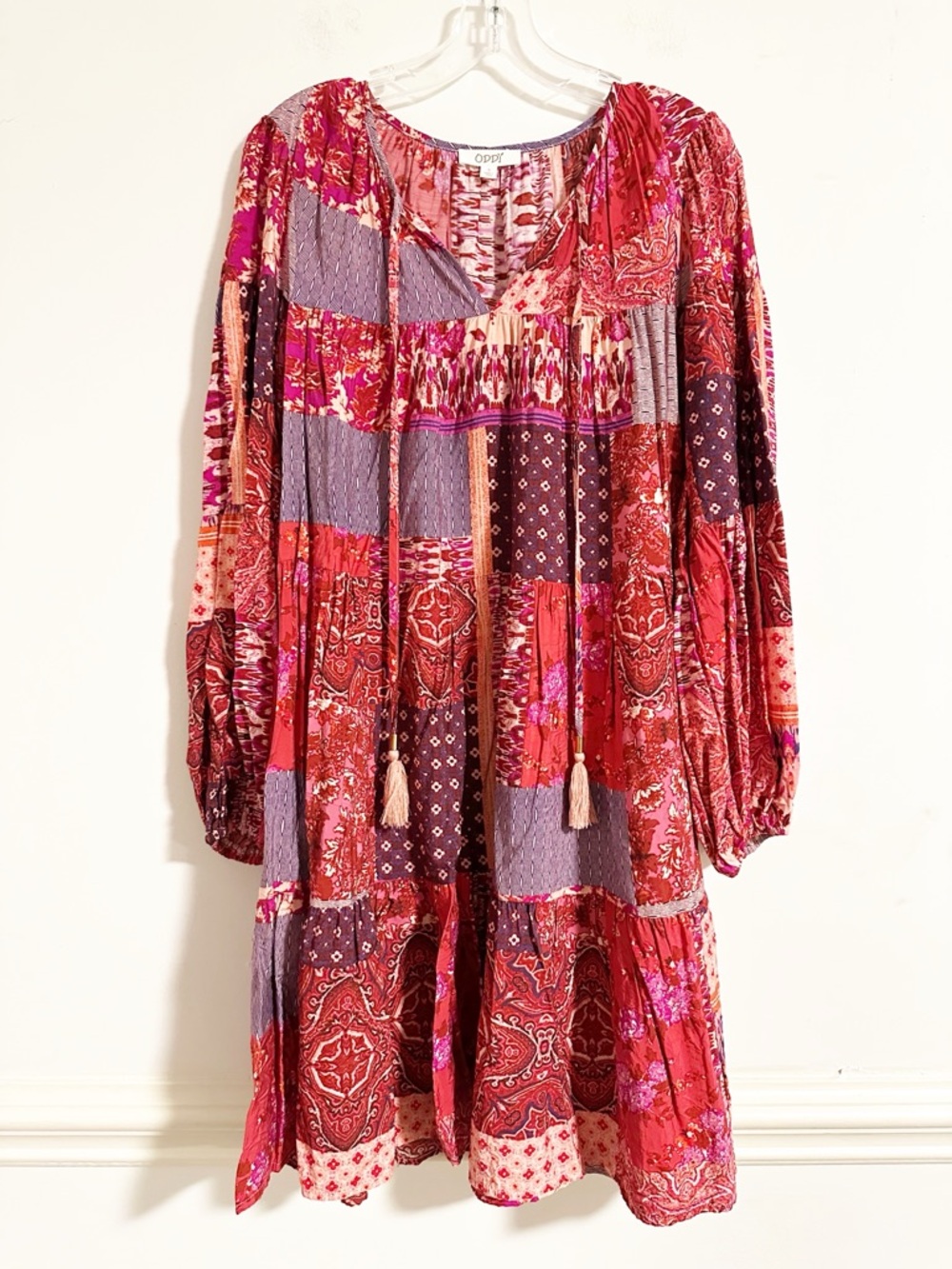 Oddi Pink Boho Paisley Patchwork Tunic Dress Tassel Tie Floral Size S